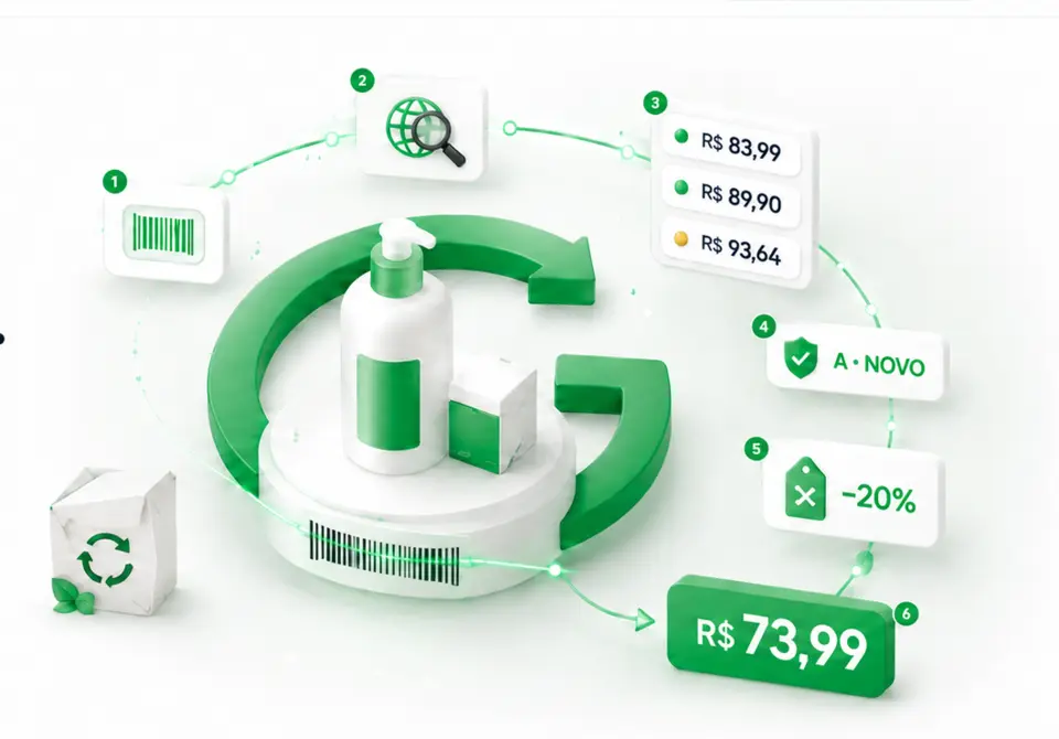 Fluxo visual de identificação, pesquisa e precificação de um produto